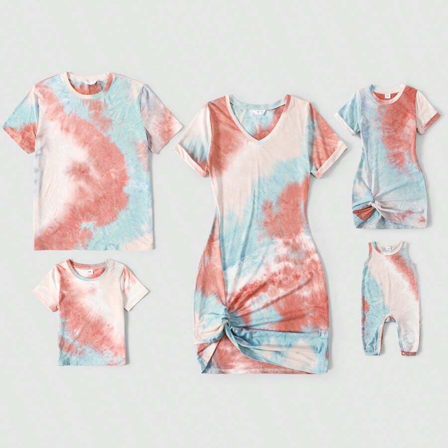 Family Matching Colorblock Tie Dye Twist Knot Bodycon Dresses And Short-Sleeve T-Shirts Sets - 彩色 - 查看 1