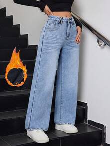 Women's Winter Casual Light Wash Denim Jeans, Long Straight Leg, Non-Stretch Y2K Style, Warm And Comfortable, Suitable For Winter Outfits - Light Wash - View 3
