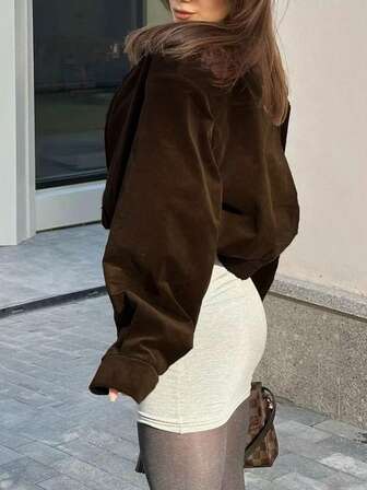 Dam Casual Retro-stil Enfärgad Corduroy Kort Jacka, Dragkedja Design, Avslappnad Vardagskläder, Mångsidig Matchning