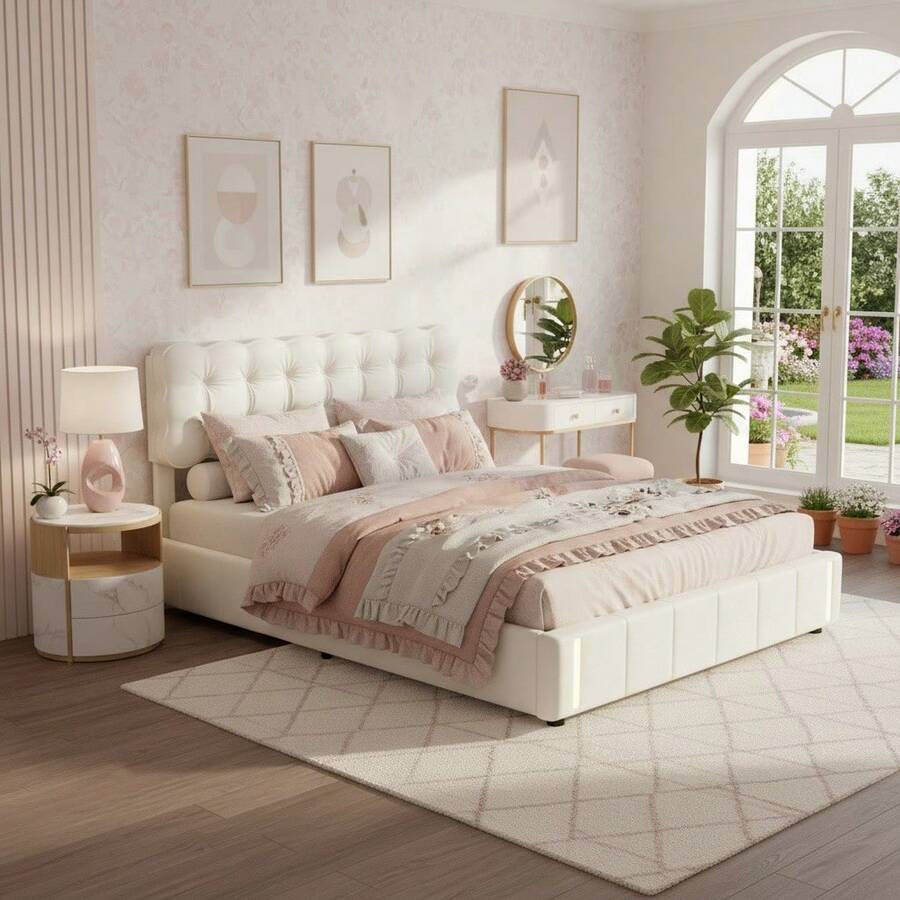 MISNODE Upholstered Bed 140 X 190 / 140 X 200 / 160 X 200cm, Hydraulic Bed With Slatted Frame, Children's Bed, Double Bed, Youth Bed With Storage Space, Beige, Velvet, Suitable For Adults And Teenagers - 米色 - 查看 1