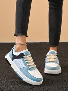 Women's New Color Block Platform Casual Outdoor Hiking Shoes, Fashion Letter & Branch Pattern Lace-Up Casual Skateboard Sneakers