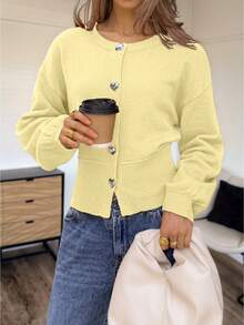 FOR BEAUTY Summer Y2K Women Cardigans Yellow Rib Knit Heart Button Long Sleeve Sweater Casual Elegant Going Out Top - Garcinia - View 3