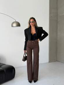 SQUALO Women's Wide Leg Color With Pocket Details Destroyed Retro Washed Street Style Jeans Ripped And Cutout Wide Leg Jeans - Mocha Brown - View 3