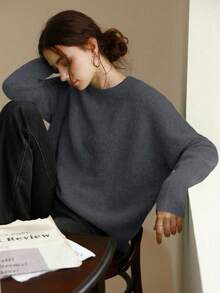 Knit Mix 优雅女士针织法式通勤毛衣，休闲宽松长袖圆领套头衫，适合秋冬季节，是圣诞节、感恩节、新年和其他节日以及情人节、返校季和秋季时尚的理想之选。 - 碳灰 - 查看 3