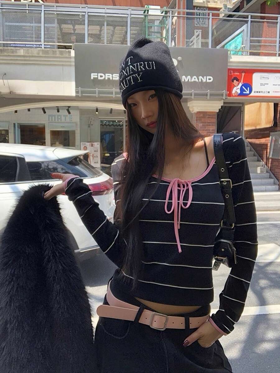 Vintage Long Sleeve Striped T-Shirt, Fitted Women Top For Spring Summer Black - Black - View 1