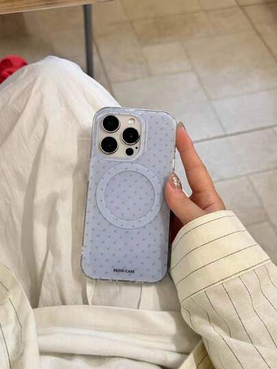 蓝色韩式波点纯色磁吸手机壳，兼容 16/15/14/13/12/11 Pro Max/16/15/14 Plus，可爱果冻色后盖