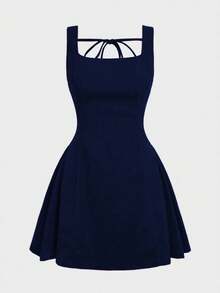 French Elegant Daily Romantic Date Holiday Formal Evening Christmas Party Dress, Velvet Retro Backless Waist Cinched Mini Dress Summer - Navy Blue - View 3