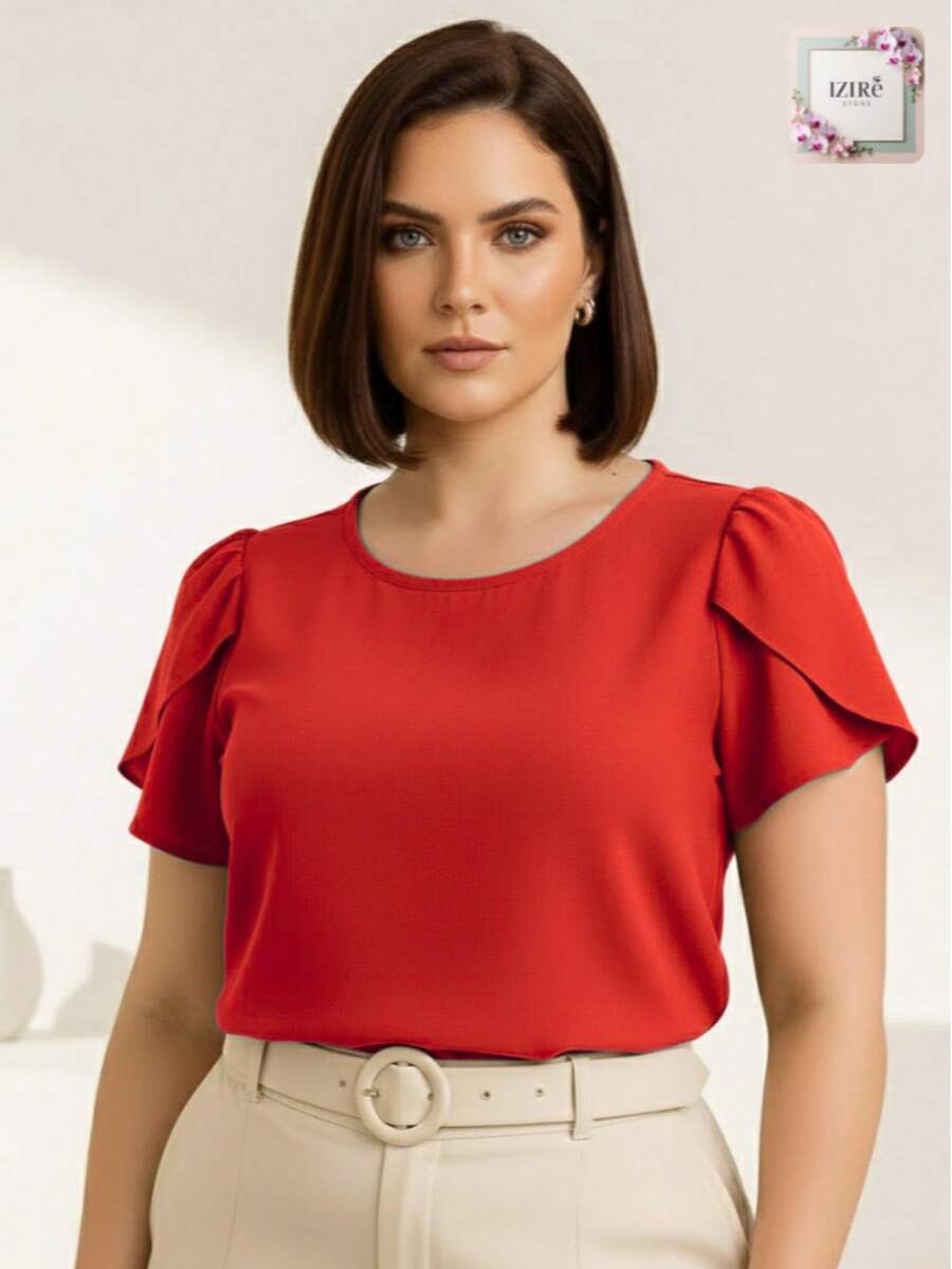 Women's Social Plus Size Blouse Elegant Short Sleeve Modern Duna Fabric GG G1 G2 G3 Summer Work - 紅色 - 查看 1