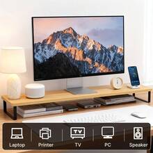Senmeo 31.5" Extra Long Desk Organizer Monitor Stand (3.54" Height Adjustment), Heavy-Duty Ergonomic Stand With Under-Desk Storage - Wood Color - View 5