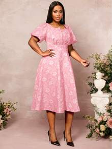 Baby Pink Jacqard A Line Party Dresses Square Collar Lantern Sleeves Elegant Wedding Guest Birthday Curve Women,Outfit For Date,Party,Wedding Dress,Bridesmaid Dress,Graduation Dress,Wedding Guest - Màu Hồng baby - Xem 3