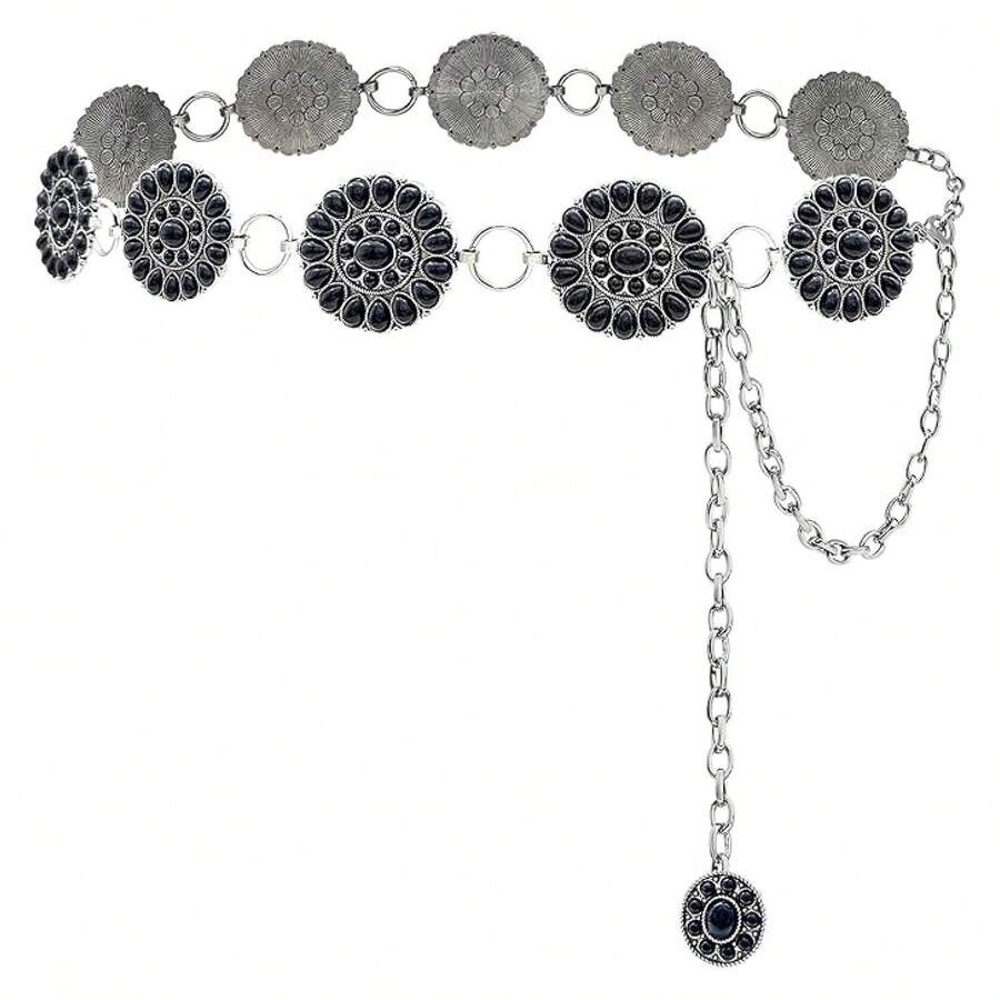Turquoise Concho Belt Women Silver Western Waist Chain Boho 53 Inch Belt For Dresses, Festival, Cowgirl Style Accessories - 多色671 - 查看 1