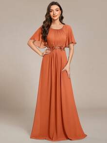 This Chiffon Bridesmaid Dress In Burnt Orange Features Embroidered Appliques, Ruffle Sleeves, And Pleating, Making It A Formal Long Dress Suitable For Wedding Guests. - Burnt Orange - View 5
