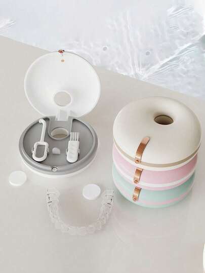 1 pezzo Custodia per retainer dentale a forma di ciambella con gancio per denti, scatola di conservazione per retainer invisibili per correzione dentale, contenitore portatile per protesi, contenitore per l'organizzazione domestica, custodia dentale a doppio strato, scatola per retainer rotonda, custodia per retainer, scatola di conservazione per apparecchi invisibili, custodia per paradenti da viaggio