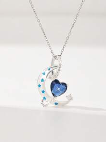 1pc Elegant, High-End Unique Design Copper Inlaid Blue Zirconia Heart And Moon Pendant Necklace, Suitable For Gifting To Family/Friends, Multipurpose, Luxury, Party, Banquet, Holiday, Gift - White - View 1