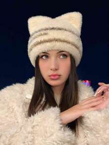 1pc Women's Colorblock Fluffy Knit Beanie Hat, Warm Windproof Ear Protection Thick Knitted Cap, Casual Elegant Retro Streetwear Fashion Versatile Slouchy Hat, Suitable For Outdoor, Skiing, Cycling, Travel, Party, Daily Use, Autumn/Winter