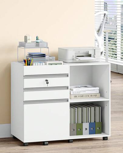 Hzuaneri Rollcontainer, Aktenschrank, abschließbarer Büroschrank mit 3 Schubladen, 2 offenen Fächern, Schubladenschrank für A4, Letter, geeignet für Büro, Homeoffice, weiß