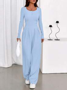Women  Fall Jumpsuits  Dressy Casual One Piece Outfits Long Sleeve Crew Neck Wide Leg Pants Rompers  Fall Clothes For Women - Màu xanh nhạt - Xem 5
