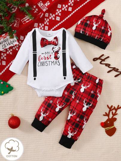 Baby Jungen Weihnachten Feiertags Gentleman Stil Hirsch Muster Bodysuit mit Hosenträger, karierter Hirsch Muster Hose und Mütze Set, Herbst/Winter