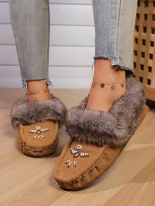 Women's Handmade Embroidered Bird Faux Fur Slippers – Cozy Indoor Winter Moccasins In Multiple Colors - Lạc đà - Xem 1