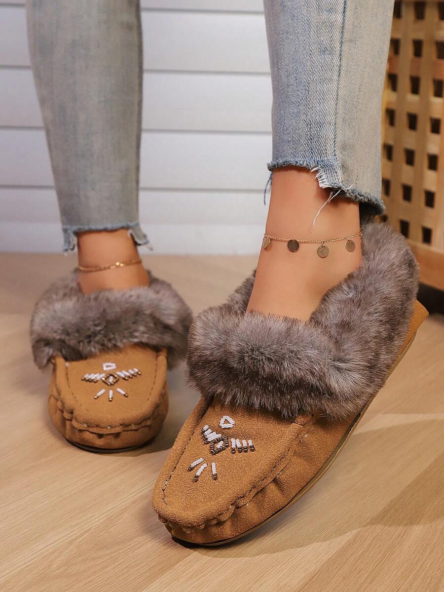 Women's Handmade Embroidered Bird Faux Fur Slippers – Cozy Indoor Winter Moccasins In Multiple Colors - Lạc đà - Xem 1