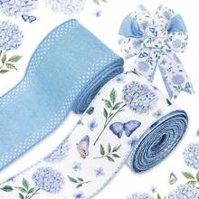 Blue Hydrangea Flower Wired Edge Ribbon Watercolor Butterfly Floral Craft Fabric Ribbon For Spring Suer Wreath Bow DIY Wrapping Party Dr, 2 Rolls, 20 Yard,23939724 - 軍綠色 - 查看 1