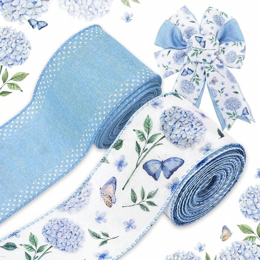 Blue Hydrangea Flower Wired Edge Ribbon Watercolor Butterfly Floral Craft Fabric Ribbon For Spring Suer Wreath Bow DIY Wrapping Party Dr, 2 Rolls, 20 Yard,23939724 - 軍綠色 - 查看 1