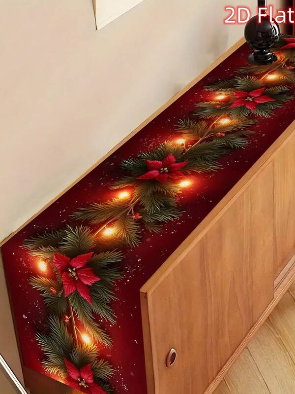1 peça de caminho de mesa de Natal de poliéster com galhos de pinheiro, poinsétias vermelhas e luzes de fadas brancas quentes - decoração retangular de poliéster durável para mesa de jantar, mesa de centro, cozinha, escritório - toalha de mesa festiva fácil de limpar (2D plana, sem luz)