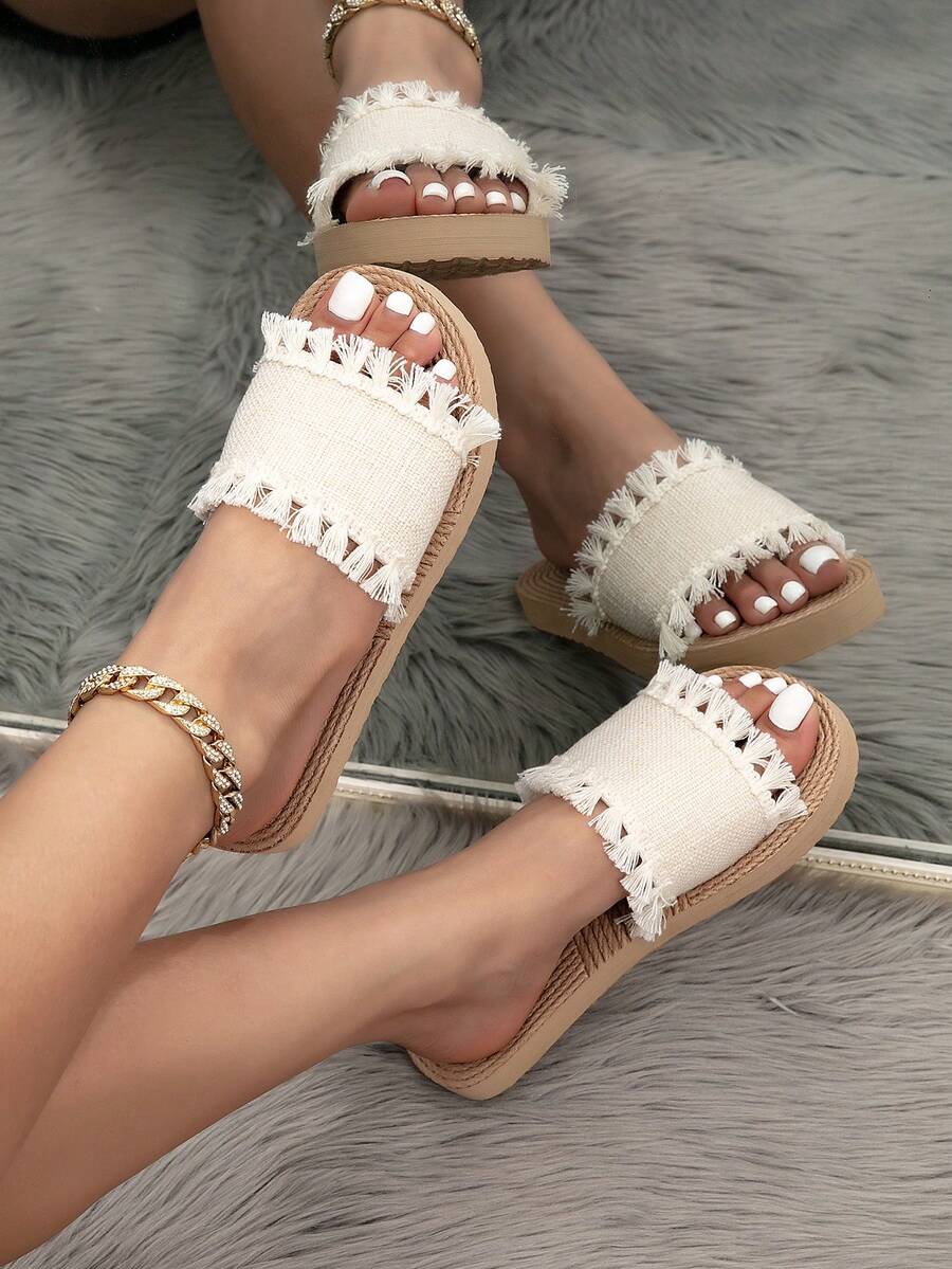 Women's Summer Flat Sandals, Beige Flat Sandals With Tassel Lace-Up, Open Toe Slip-On Casual Slippers, Versatile For Daily Wear, Beach, Travel, Bohemian Style - Beige - View 1