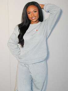 Steph T 2 Stücke Paris einfacher digitaler Muster, lässiger, bequemer Damen Fleece Sweatshirt und Hose Set, vielseitig für Streetwear im Herbst für Frauen - Grau - Übersicht 6