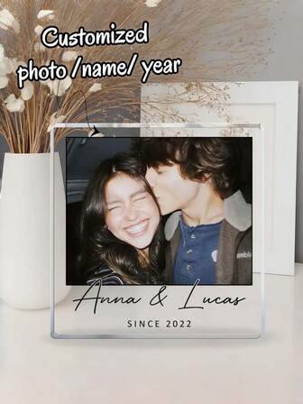 1pc Customized Acrylic Photo Stand - Personalize With Photo, Name And Year, Fashionable Unique Design, Perfect For Wedding, Family, Anniversary, Couple, Pet Gifts