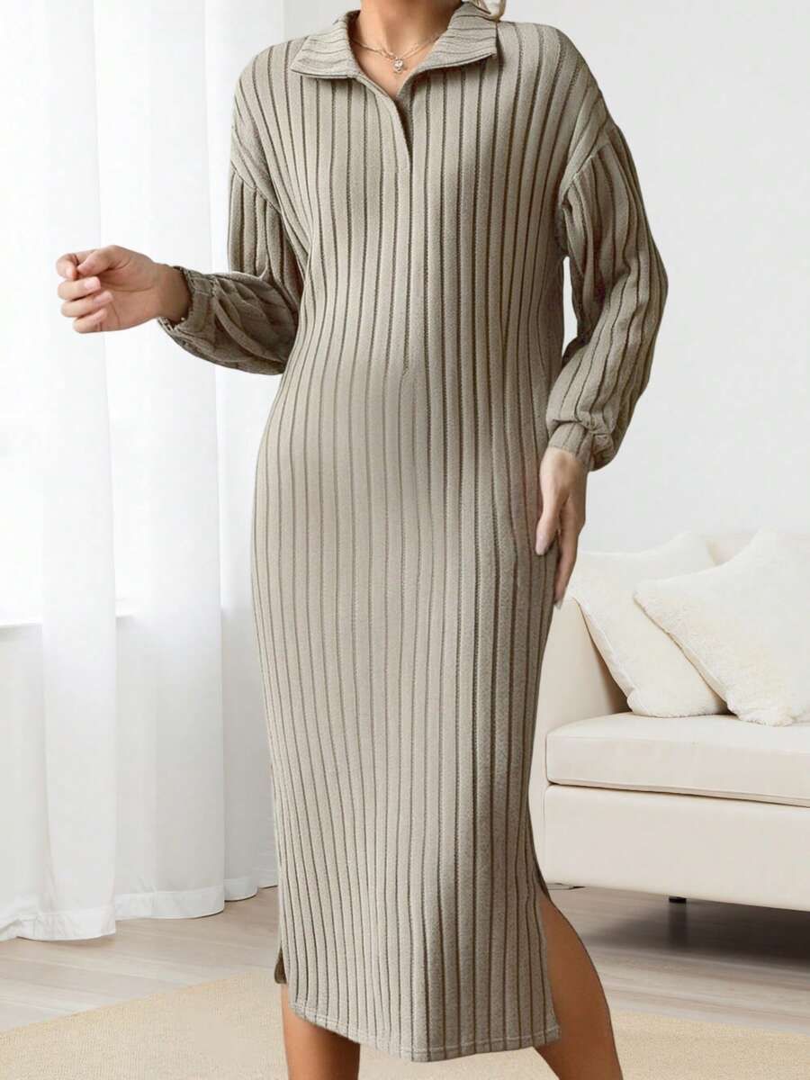 Women Autumn Solid Color Dress Long Sleeve Turn Down Collar Side Split Ribbed Dress - Khaki - View 1