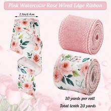 Spring Pink Rose Flower Wired Edge Ribbon Watercolor Floral Craft Fabric Ribbon For Wreath Bow DIY Wrapping Birthday Wedding Party Dr, 2 Rolls, 20 Yard,23939728 - 玫瑰紅 - 查看 2