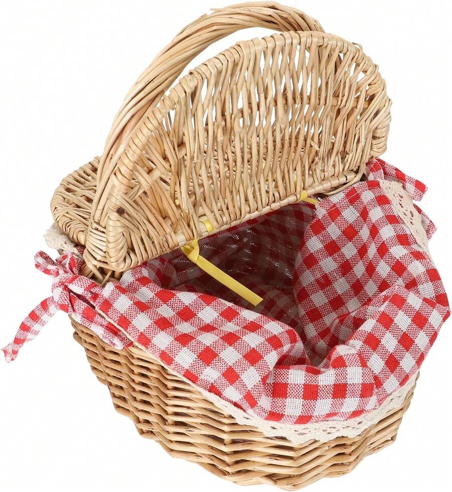 Fruit Vegetable Storage Basket 1pc Wicker Weaving Basket Camping Picnic Basket With Double Lid Linen Cotton Cloth Lining For Storage And Dr (Red Plaid Lining),23949201 - 紅色 - View 1