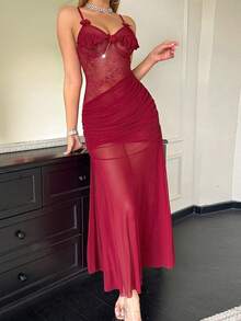 Women Lingerie Set Adjustable Spaghetti Strap Side High Slit Bow Decor Nightdress And Thong Exotic Naughty Sleepwear - Red - View 5