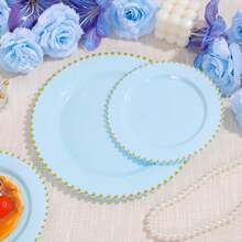 100pcs Plastic Plates With Gold Beads Plates Heavy Duty Party Supplies Includes 10.25inch Dinner Plate And 7.5inch Dessert Disposable Plate For Party,Wedding,Bridal Showers - 藍色 - 查看 4