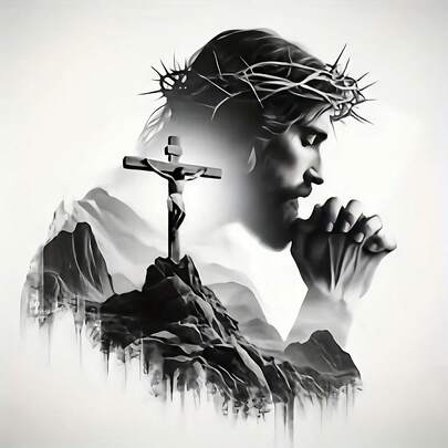 Calcomanía de vinilo de Jesús de 6 pulgadas con fe - Diseño en blanco y negro impactante con corona de espinas, cruz y fondo dramático de montañas - Perfecto para autos, laptops, ventanas y talla grande - Pegatina autoadhesiva para uso en interiores y exteriores, Calcomanía para interiores y exteriores | Efecto visual impactante | Acabado brillante