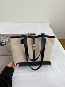 European And American Cross-Border Personalized Linen Color Block Large Capacity Tote Bag, Women New Fashion Color Block Shoulder Handbag, Casual Versatile Large Capacity Bucket Bag - Black - View 6
