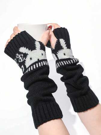 1 Pair Rabbit Head Casual Cute Acrylic Jacquard Fingerless Gloves, College Style, Suitable For Autumn/Winter Students, Writing, Office, Computer, Warm And Windproof Arm Sleeve Knitted Cuff Christmas Gift Thermal Warm Winter