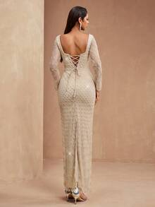 New Luxury Elegant Women's Formal Gown With Sequins, Lace Patchwork, Adjustable Back Tie, Front Slit, Suitable For Formal Events, Parties, Weddings, Red Carpet, Valentine's Day - 杏色 - 查看 2