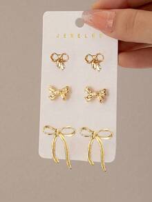 3 Pairs Golden Color Bow Stud Earrings Set Bowknot Earrings Set Girl Fashion Jewelry Bow Accessories