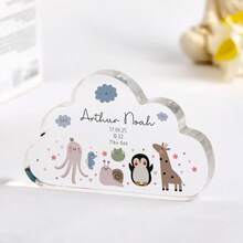 Presente Personalizado de Batizado Placa Acrílica em Formato de Nuvem com Animais, Lembrança Personalizada com Nome, Data, Menino ou Menina, Presente de Batismo