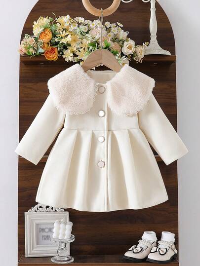 Casaco de Malha com Gola Felpuda Sólida de Manga Longa e Botões para Meninas, Adequado para Passeios Diários no Outono/Inverno