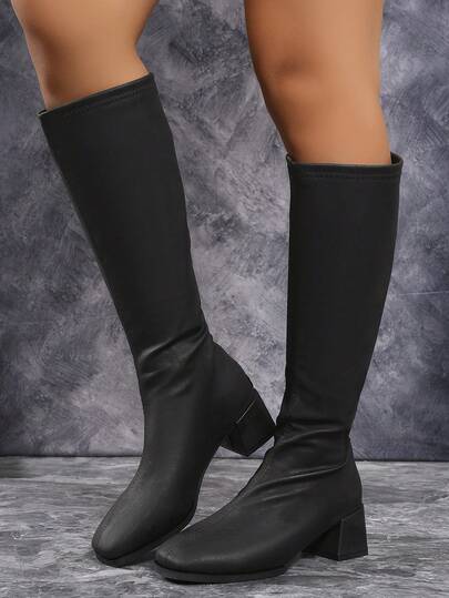 Stivali alti da donna, con chiusura a zip sul retro, tacco chunky, colore unito, stile gotico retrò sexy, adatti per sport, spiaggia, abbigliamento da lavoro, pendolarismo, carini, lucidi, stivali alti per vacanze, matrimoni, scuola, vacanze, feste, ufficio, interno ed esterno, per tutte le stagioni