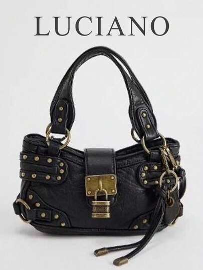 Small Size Vintage Punk Rivet Handbag, Y2K Metal Lock Crossbody Bag, Suitable For Young People, Fashion Lovers, Office Workers, Cool Girls, For Daily Commute, Gatherings, Parties , Goth