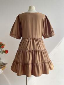 Rusttydustty Gaun Wanita Ukuran Plus Gaya Bohemian untuk Pesta Teh, Liburan Sehari-hari, Gaun Berlapis Model Boneka Warna Cokelat dengan Leher V, Pakaian Pesta - Coklat - View 3