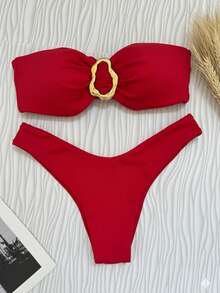 Red Strapless Bikini Top With Buckle, With Removable Padding, Elegant, Casual, Ring Knot, Summer - Rojo - Ver 4
