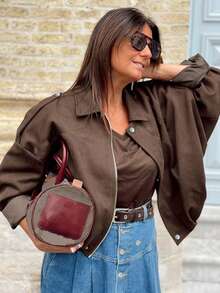 2025 Women's Faux Suede Lapel Long Sleeve Zip-Up Jacket, Loose Fit, Elegant, Suitable For Commuting, Women's Outerwear, Autumn/Winter Spring - Brown - View 3
