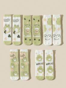 1/2/3/5 双女士柔软温暖可爱卡通青蛙图案毛绒中筒袜，适合日常穿着、居家和休闲 - 彩色 - 查看 13