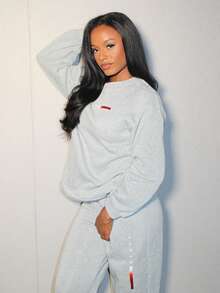 Steph T 2 Stücke Paris einfacher digitaler Muster, lässiger, bequemer Damen Fleece Sweatshirt und Hose Set, vielseitig für Streetwear im Herbst für Frauen - Grau - Übersicht 3