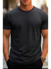 Men's Basic Slim Fit Round Neck T-Shirt - 灰色 - 查看 2